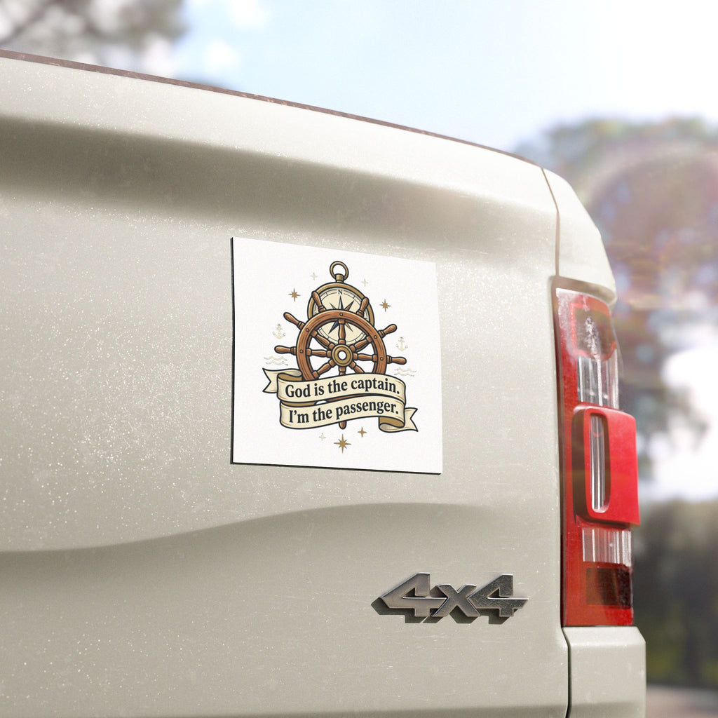 Religious Nautical Car Magnet — "God is the captain. I'm the passenger." Steering Wheel Design