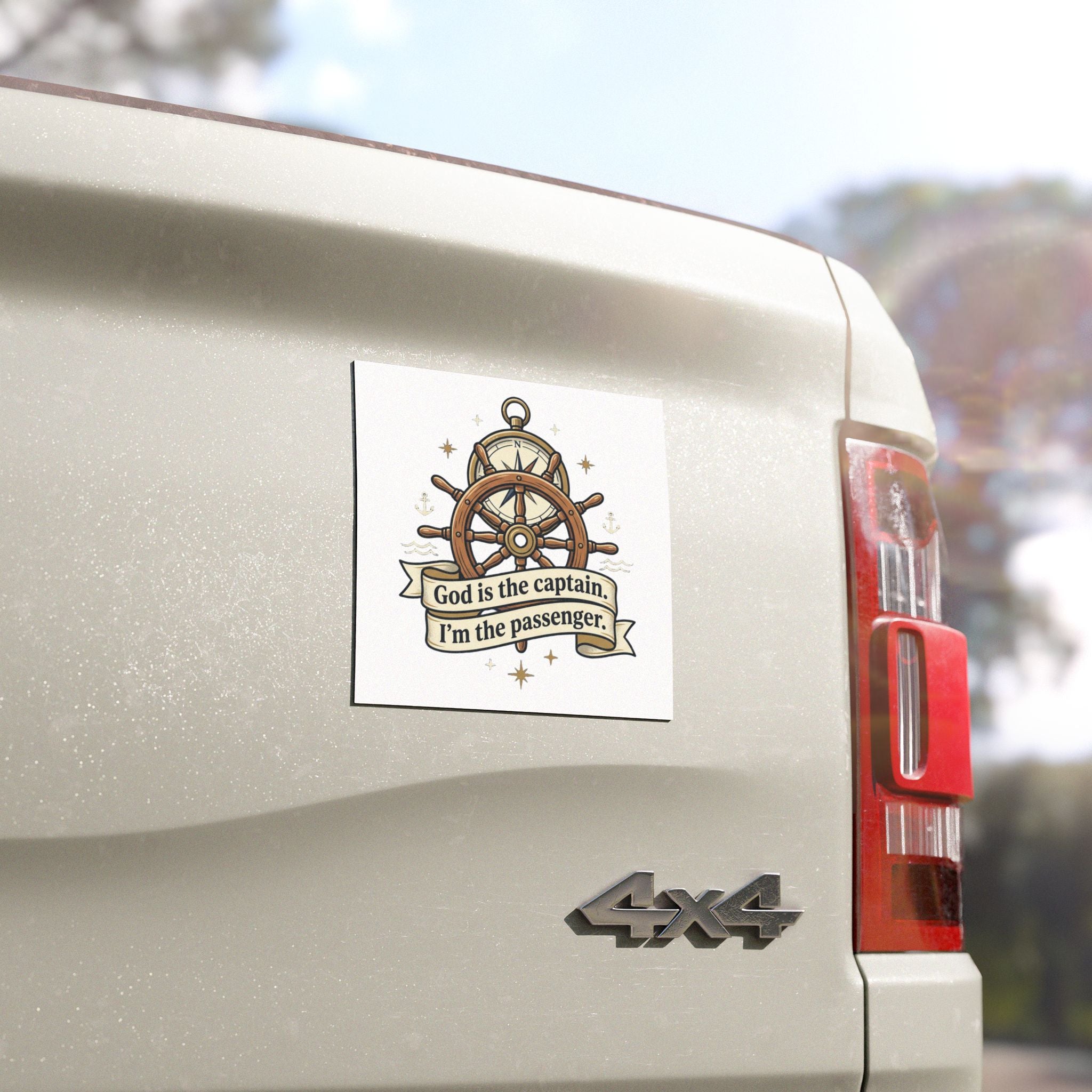 Religious Nautical Car Magnet — "God is the captain. I'm the passenger." Steering Wheel Design