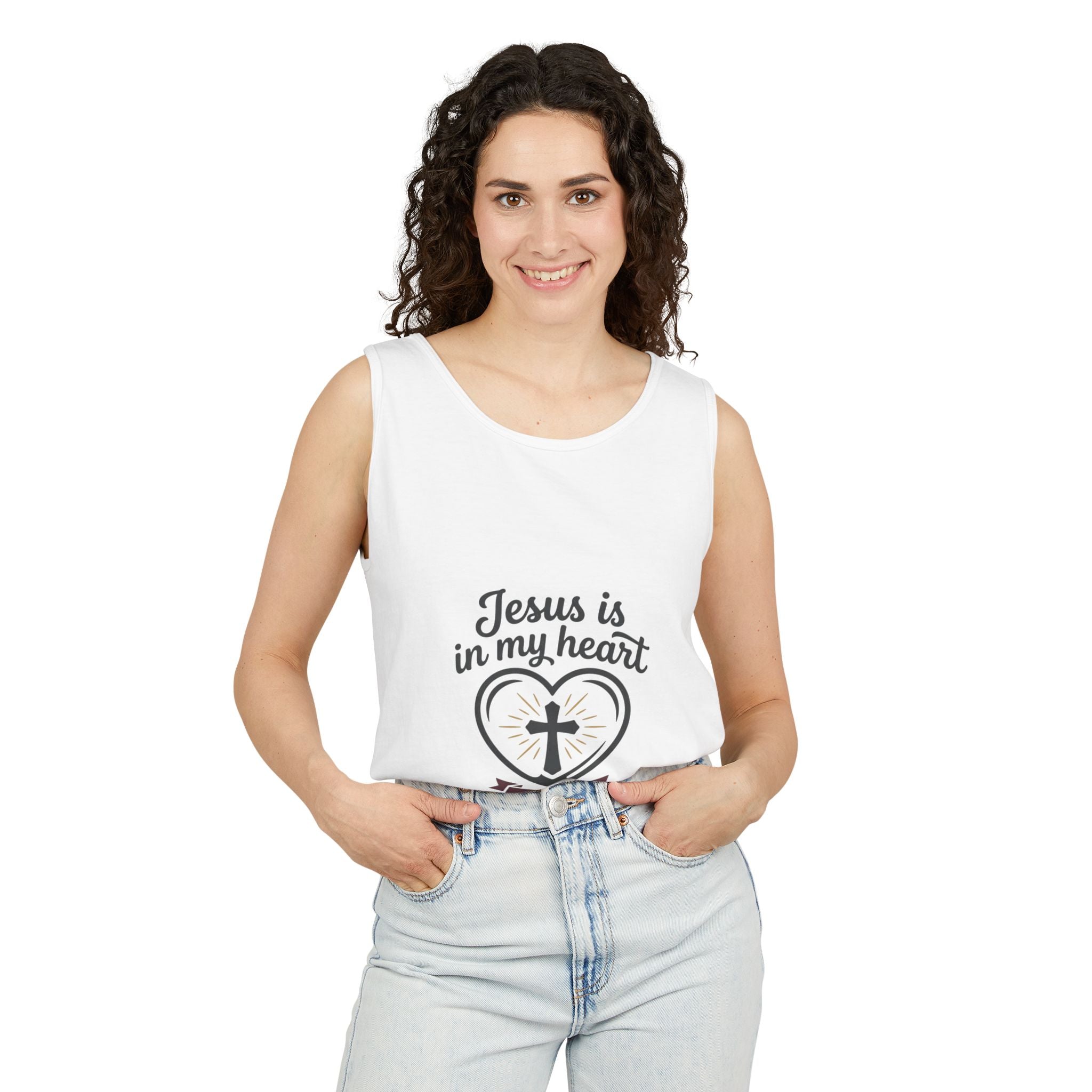 Christian Heart Tank Top — "Jesus Is In My Heart" Faith Graphic Tank