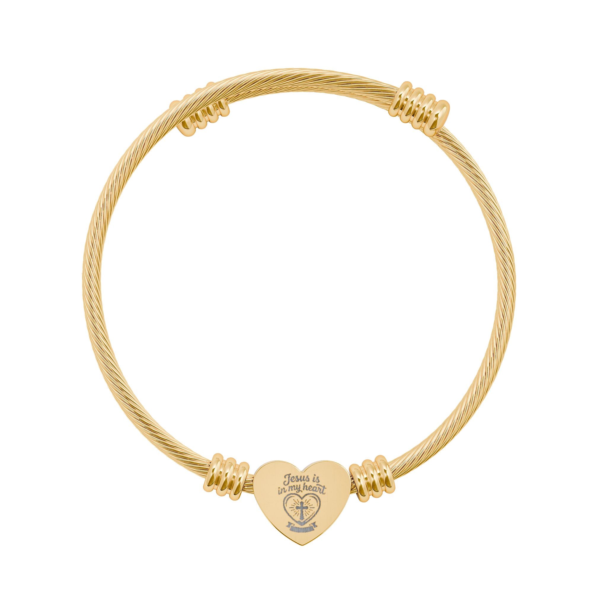 Engravable Heart Cuff Bracelet — Personalized Stainless Steel Cable Bangle (Silver or Gold)