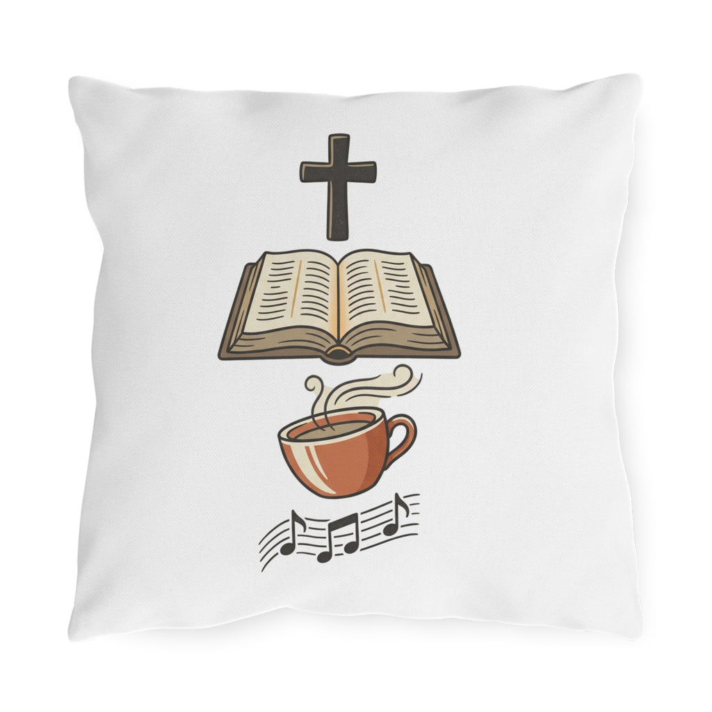 Faith & Coffee Outdoor Pillow — Cross, Bible, Coffee & Music Decorative Cushion