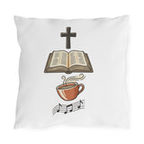 Faith, Devotion, Coffee, Praise -- Cozy Outdoor Throw Pillow