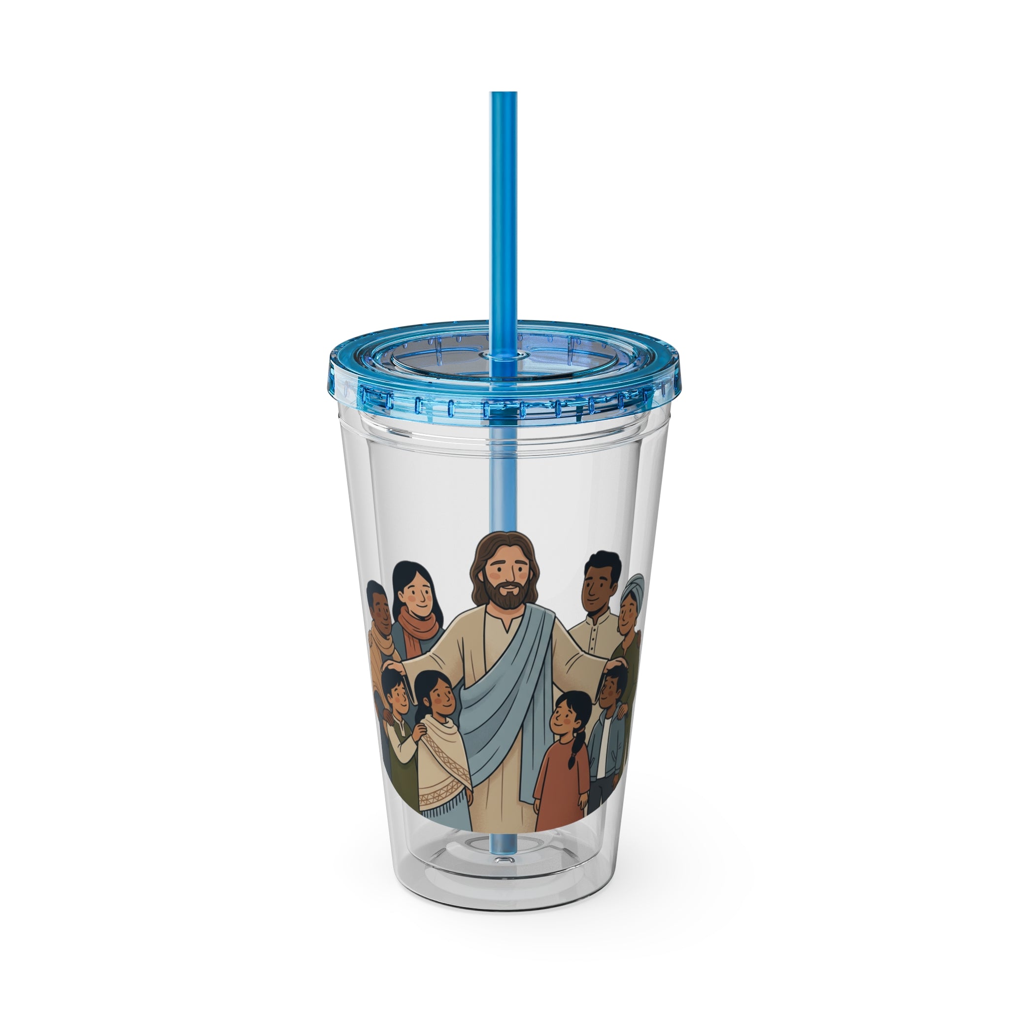 Christian Jesus with Children Tumbler — 16oz Clear Travel Cup with Straw