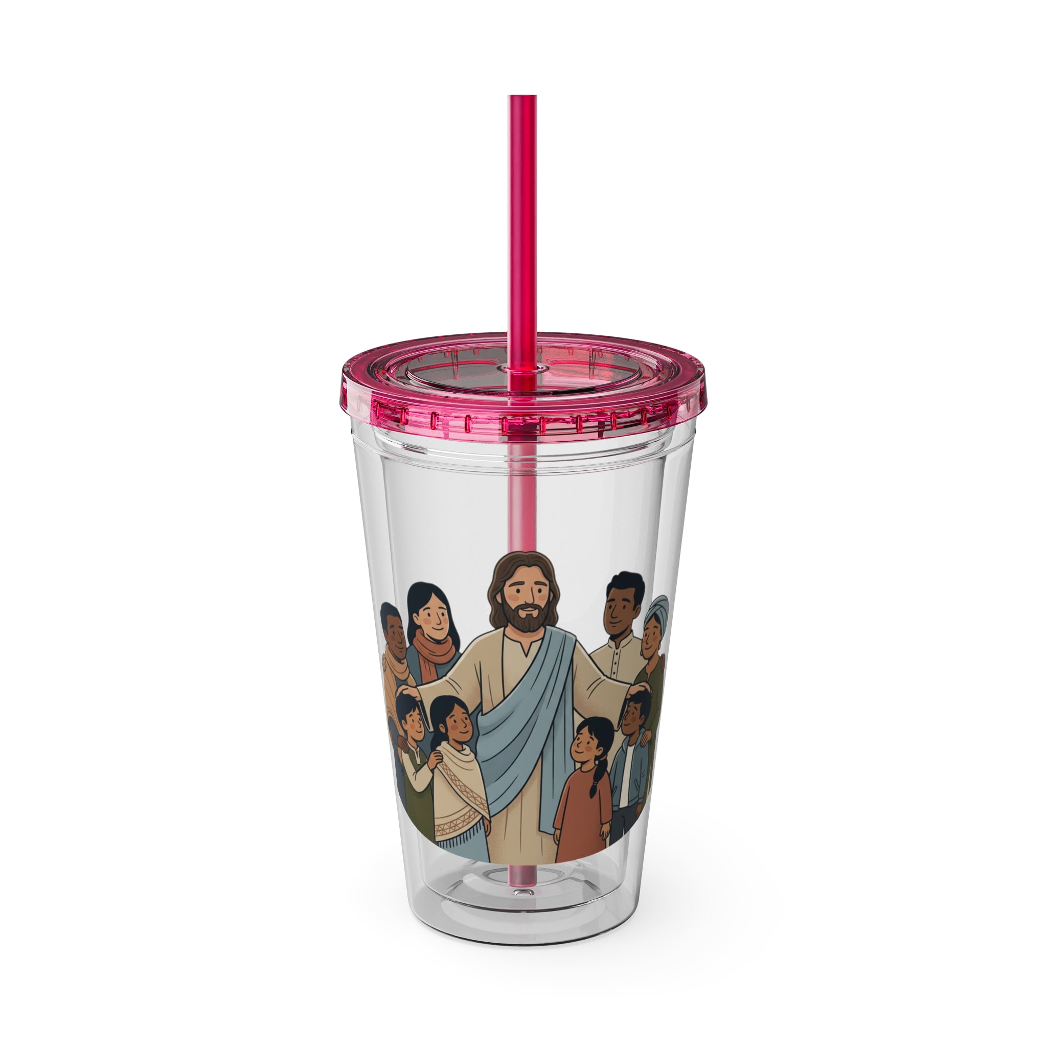 Christian Jesus with Children Tumbler — 16oz Clear Travel Cup with Straw
