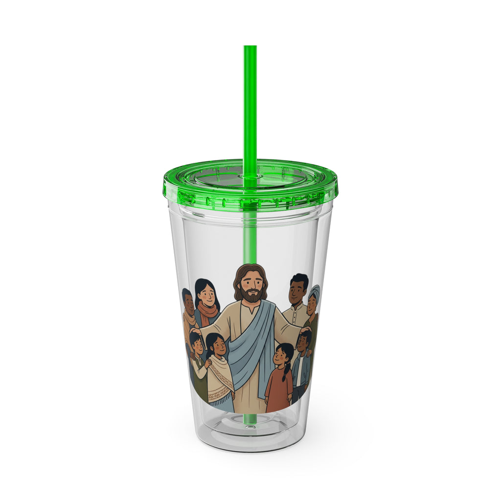 Christian Jesus with Children Tumbler — 16oz Clear Travel Cup with Straw