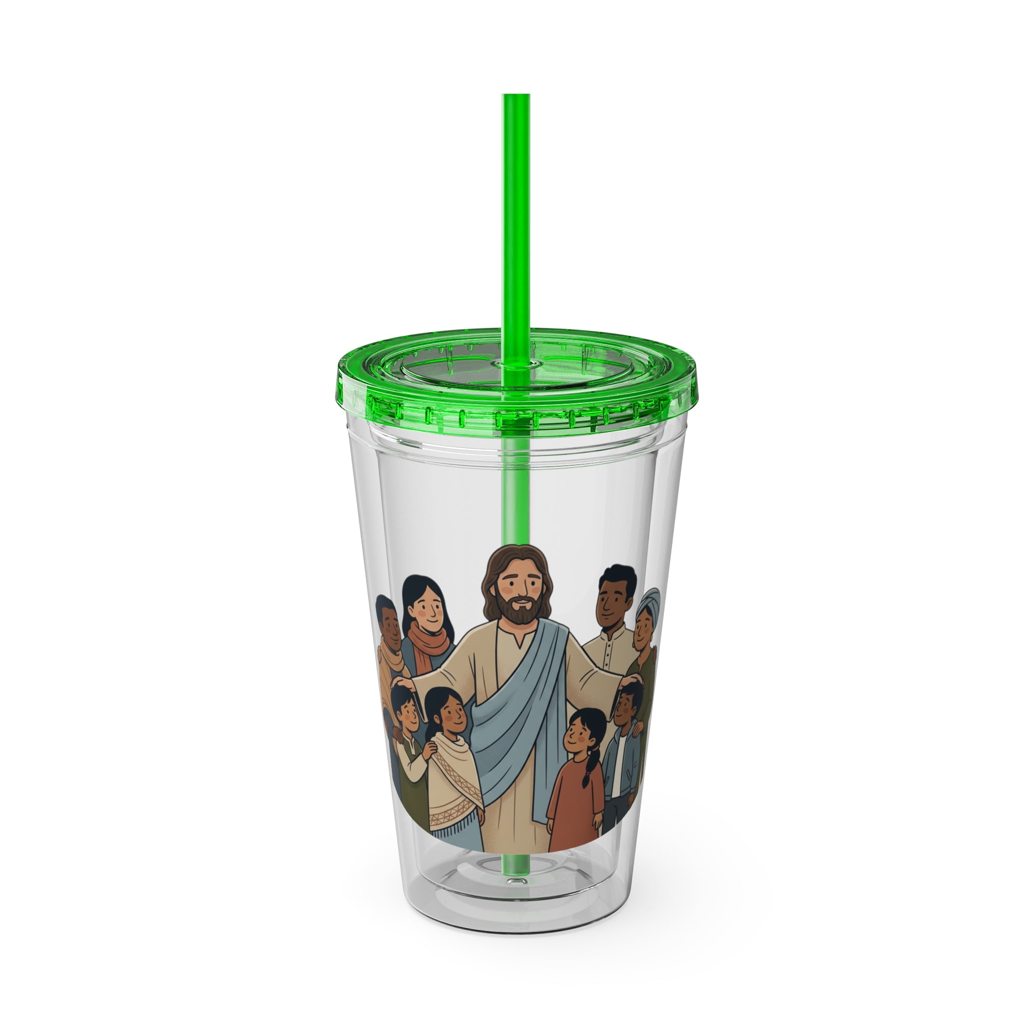 Christian Jesus with Children Tumbler — 16oz Clear Travel Cup with Straw