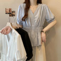 Elastic waist cinching and slimming summer shirt, women's short sleeved solid color top, new minimalist V-neck French style top