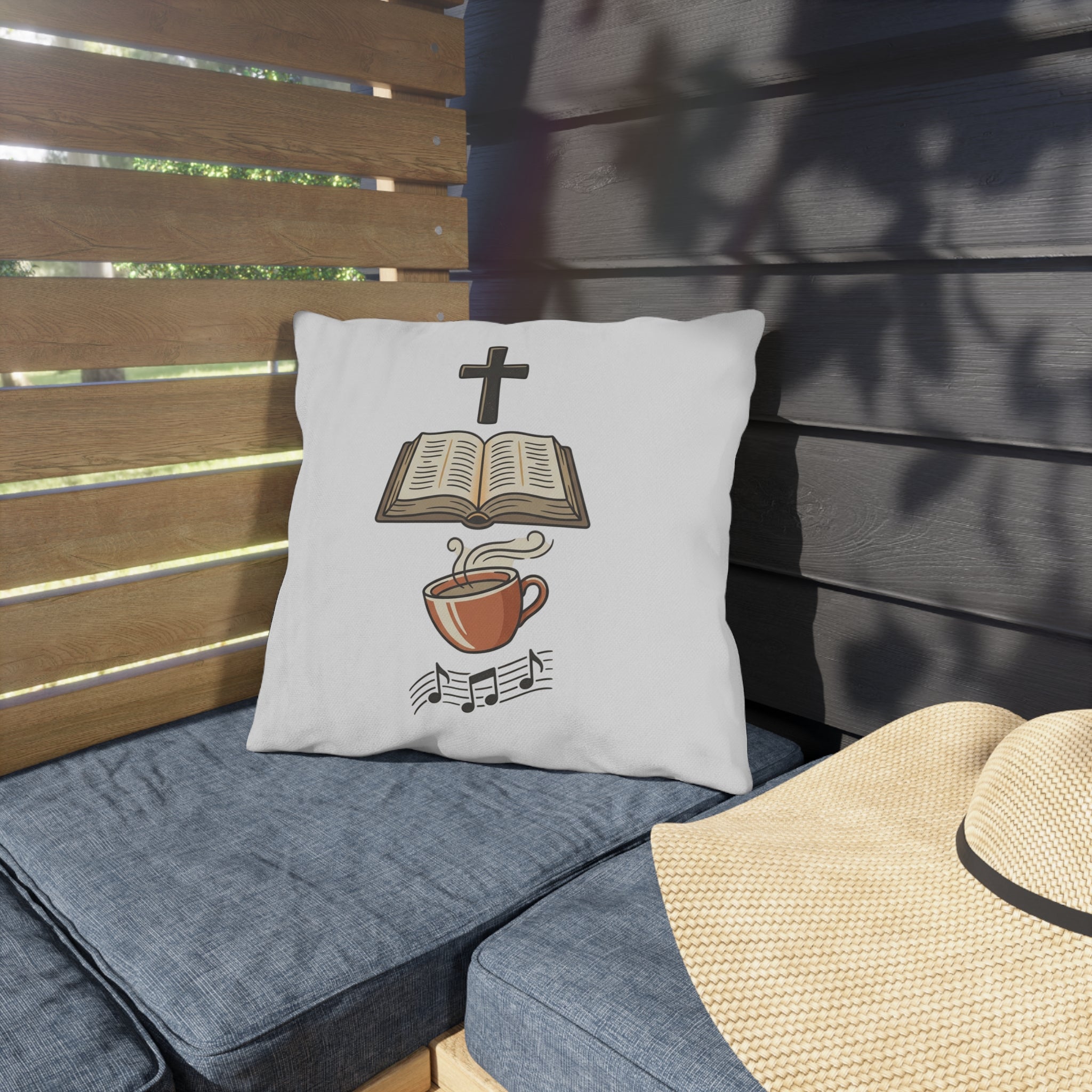Faith & Coffee Outdoor Pillow — Cross, Bible, Coffee & Music Decorative Cushion