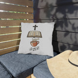 Faith, Devotion, Coffee, Praise -- Cozy Outdoor Throw Pillow