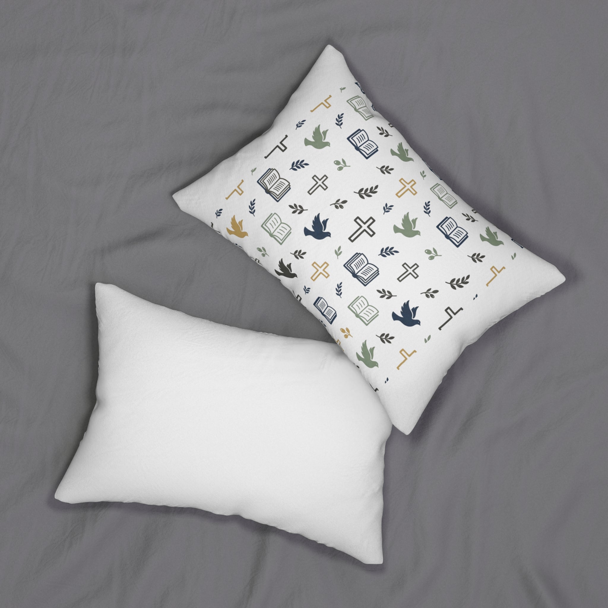 Christian Pattern Lumbar Pillow — Crosses, Doves & Bible Icons Decorative Pillow
