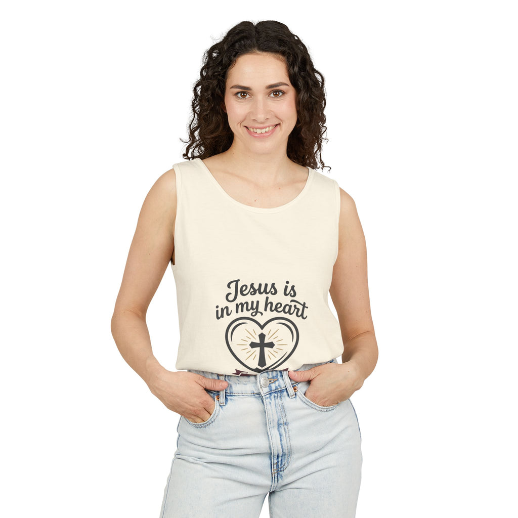 Christian Heart Tank Top — "Jesus Is In My Heart" Faith Graphic Tank
