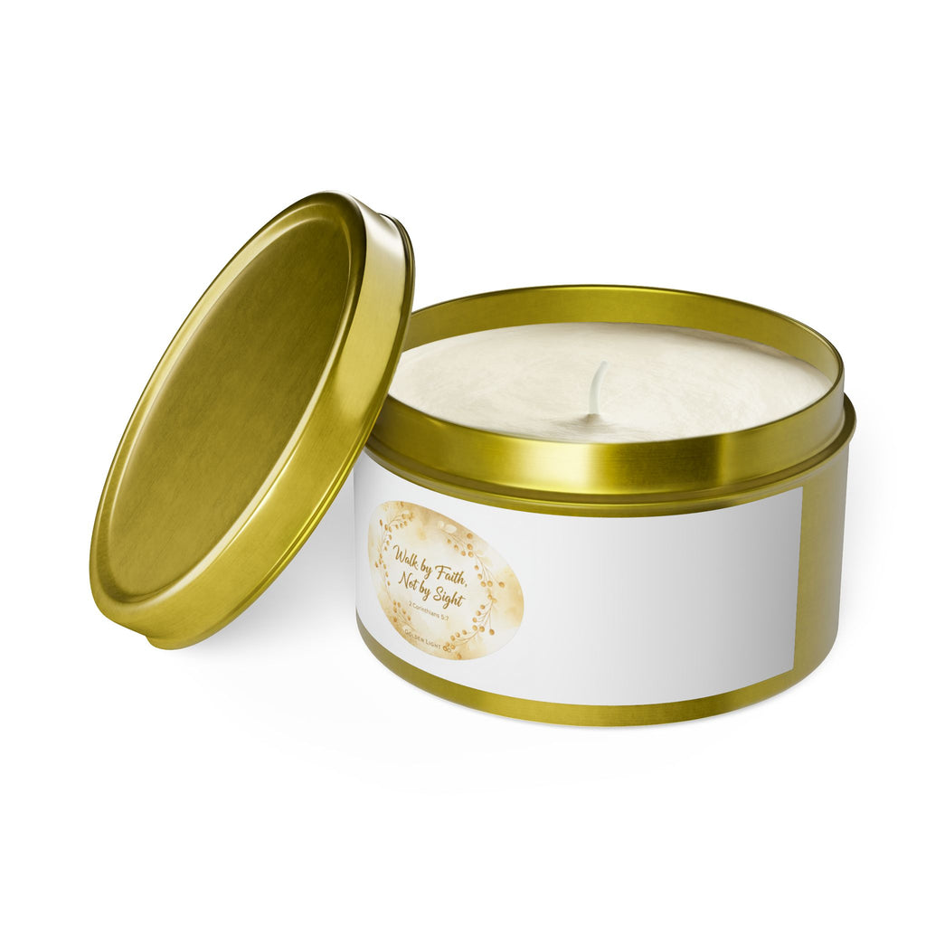 Gold Floral 'Walk by Faith, Not by Sight' Tin Candle — Inspirational Scented Gift