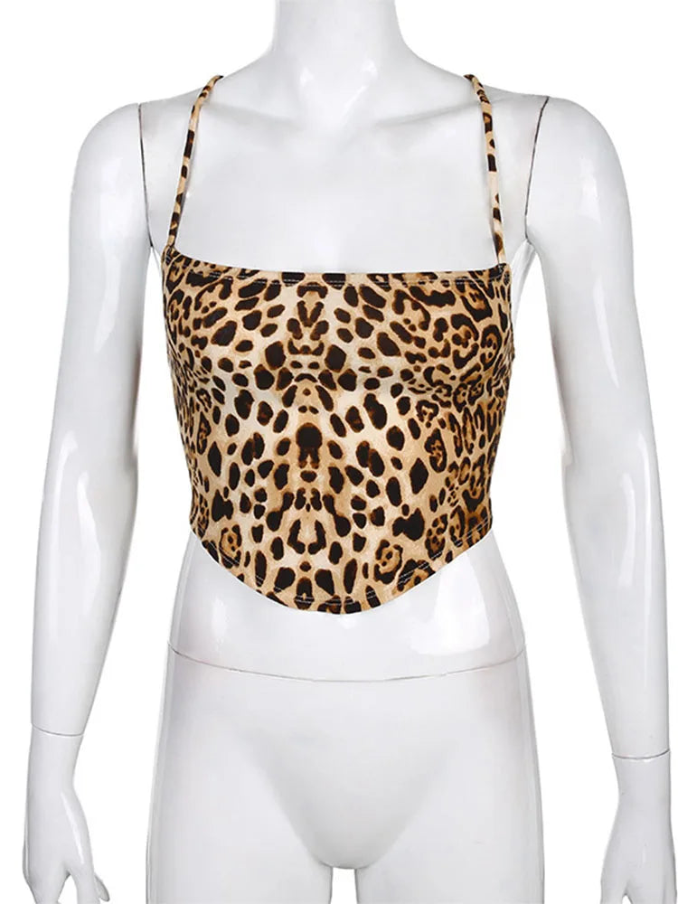 Leopard Pattern Women Tank Tops Backless Sexy Rave Outfits Sleeveless Cross Lace Up Bralette Crop Top Summer Streetwear