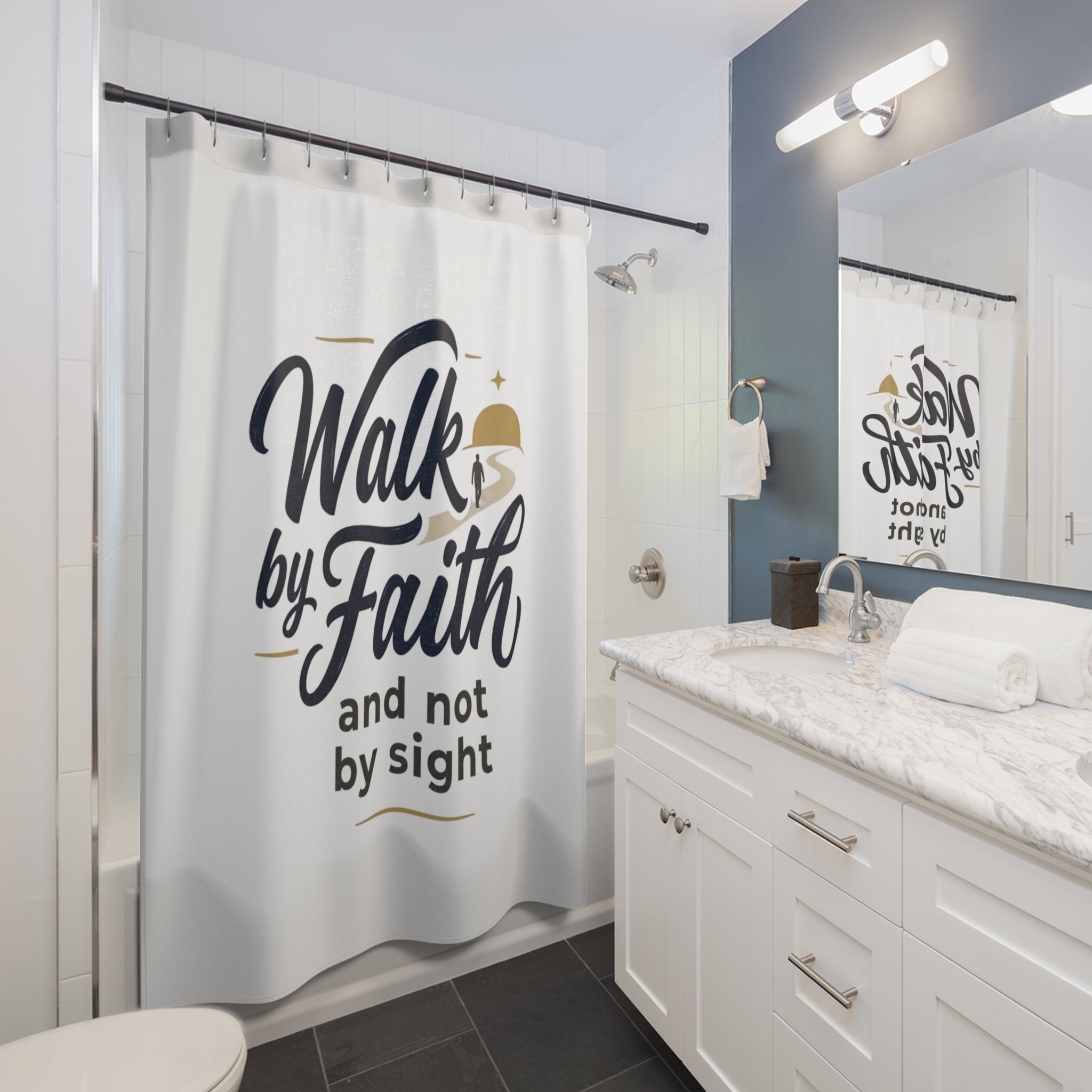 Faith Shower Curtain — "Walk By Faith and Not By Sight" Inspirational Bathroom Decor