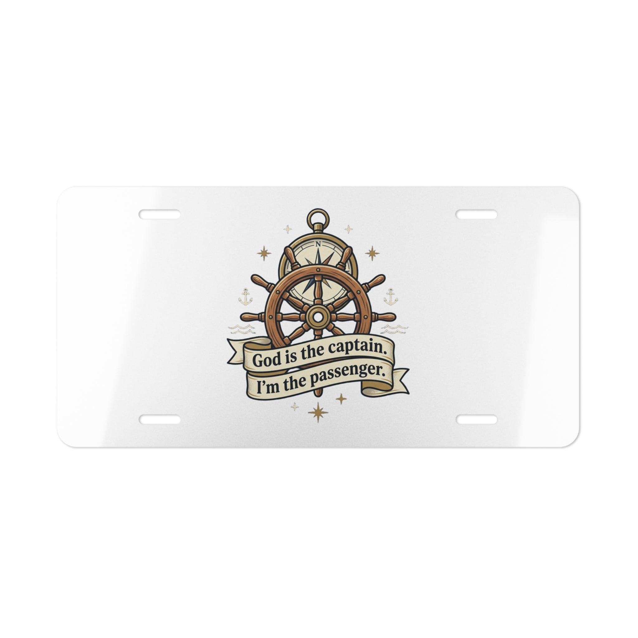 Nautical Faith Vanity Plate — "God is the captain, I’m the passenger" Decorative License Plate