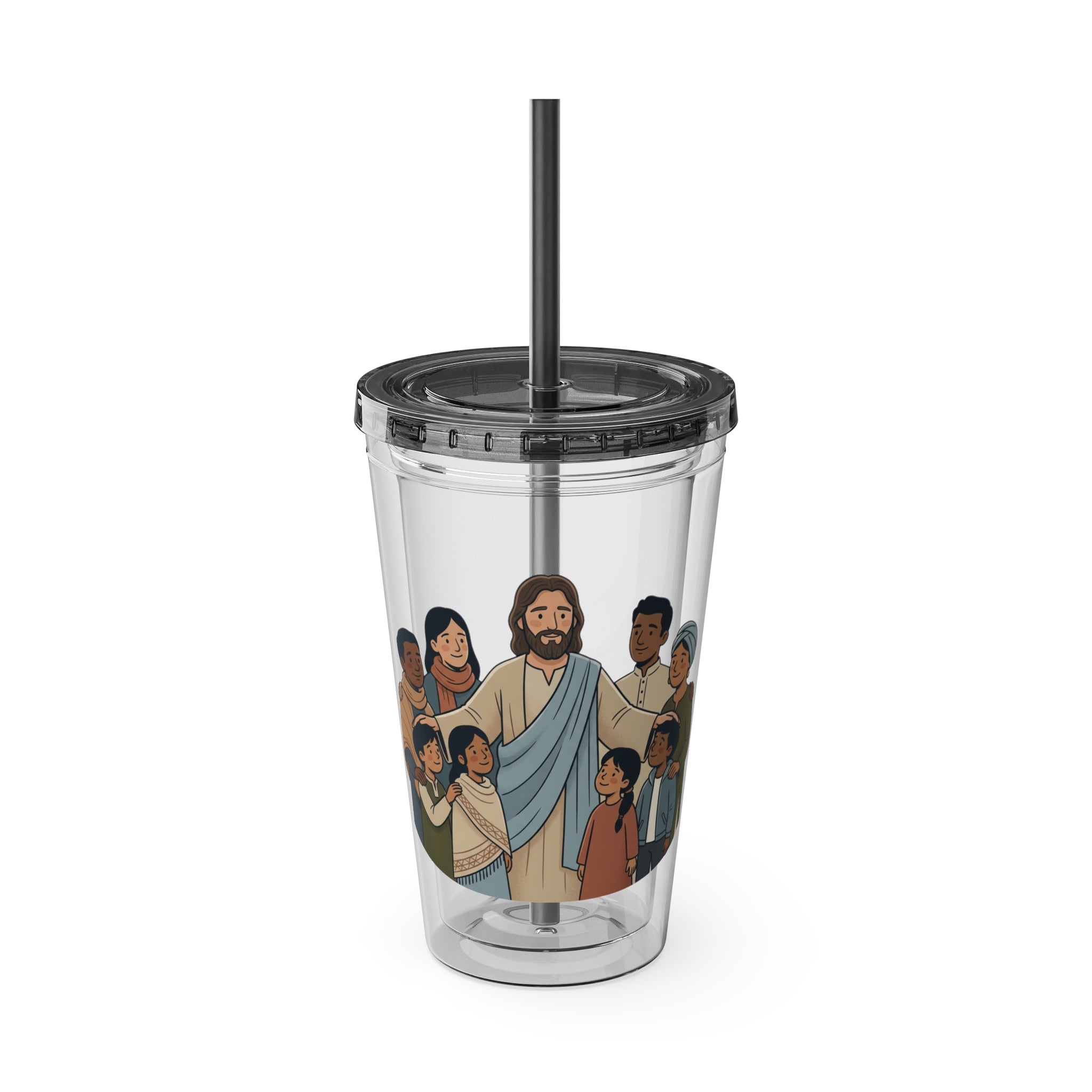Christian Jesus with Children Tumbler — 16oz Clear Travel Cup with Straw