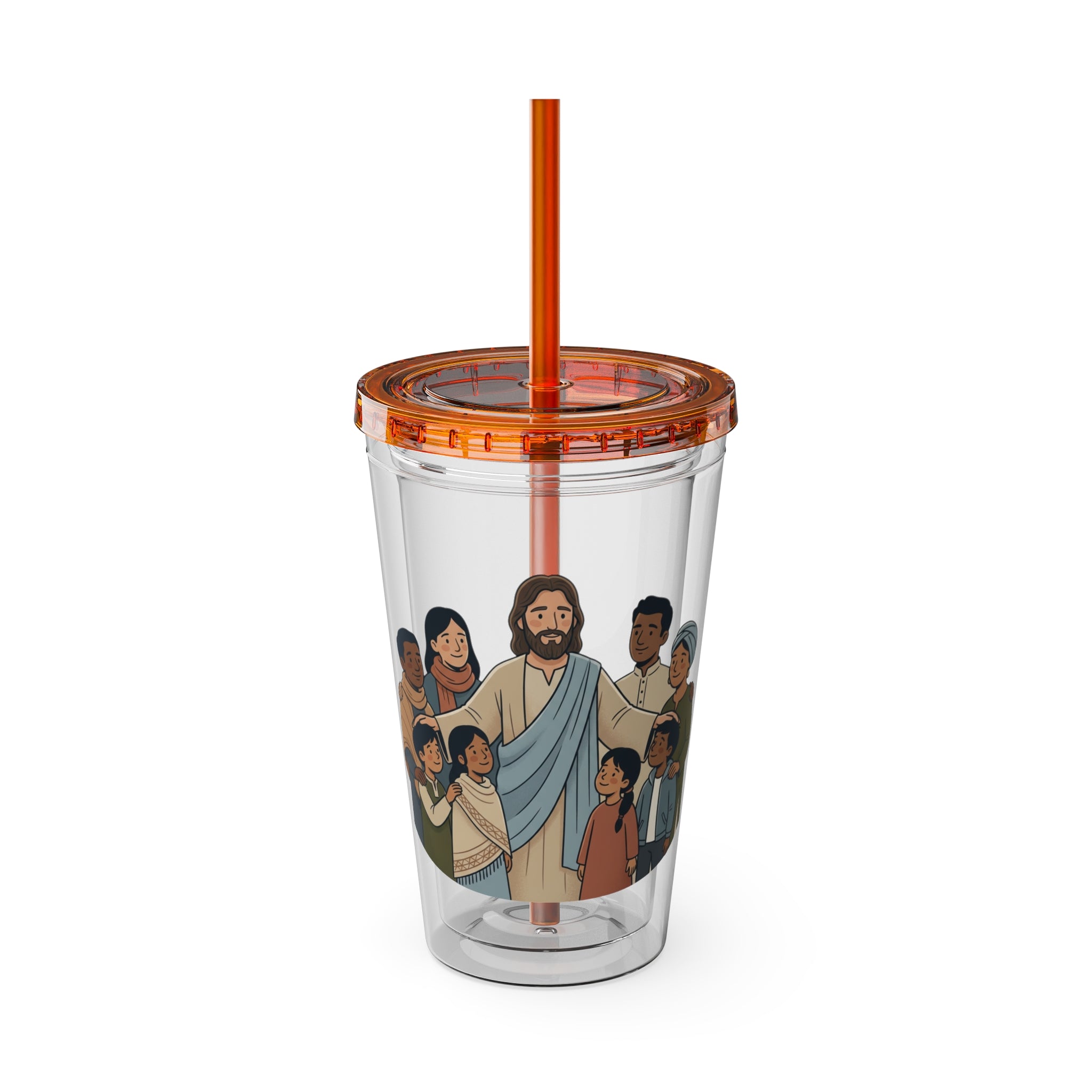 Christian Jesus with Children Tumbler — 16oz Clear Travel Cup with Straw