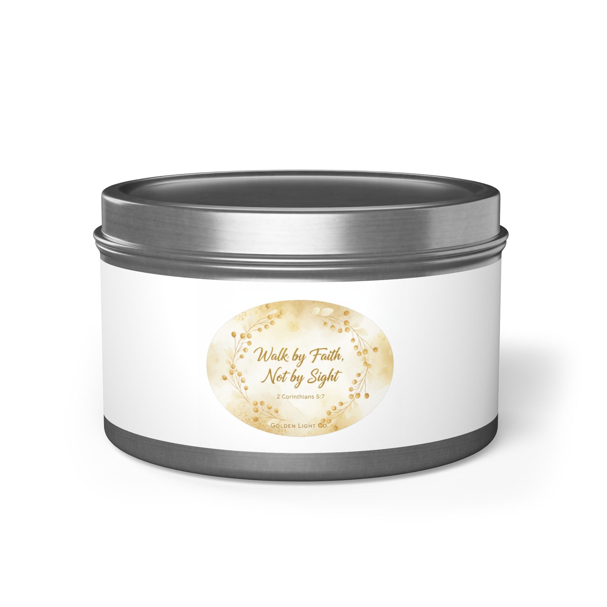 Gold Floral 'Walk by Faith, Not by Sight' Tin Candle — Inspirational Scented Gift
