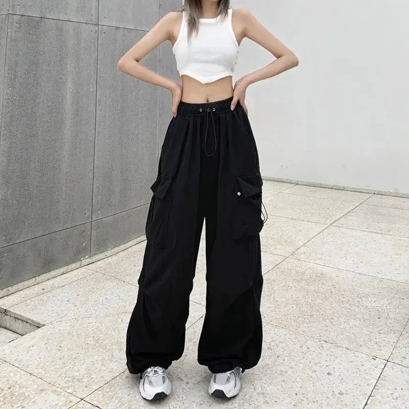 Retro Vintage High Street Baggy Pants Fashion Women Oversized Drawstring Pocket New Pant Casual Streetwear Loose Jogger Trousers