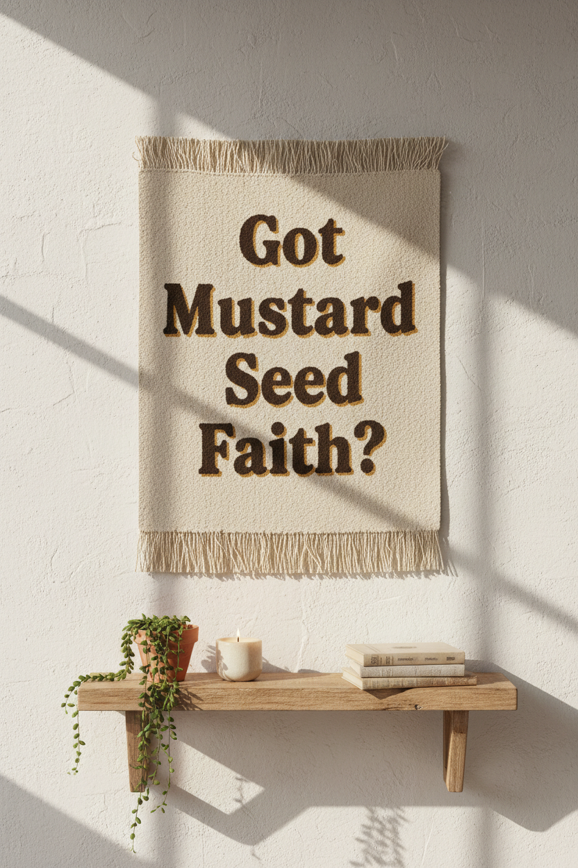 Mustard Seed Faith tapestry hung on white wall styled with wooden shelf, trailing plant, candle and books in warm afternoon light