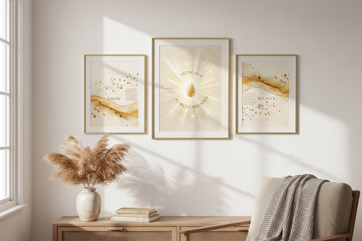 Faith-inspired framed prints on a white wall in a cozy home decor setting